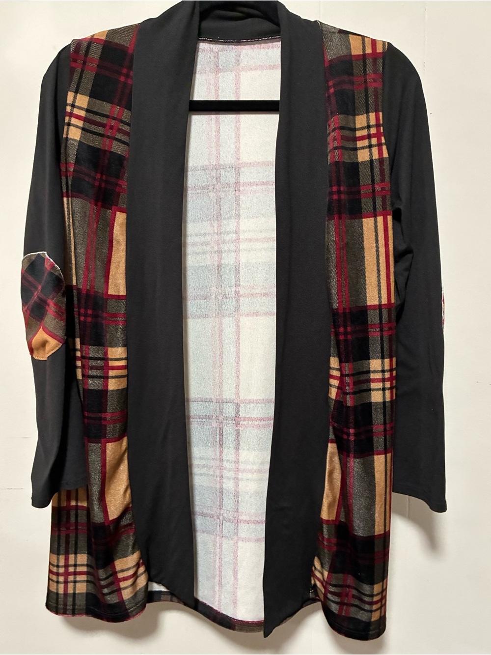Women’s Medium Plaid Open Front Cardigan Black Long Sleeve Elbow Patch